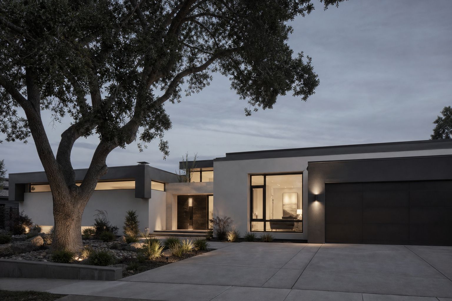 Concept image of a modern single-story home at dusk