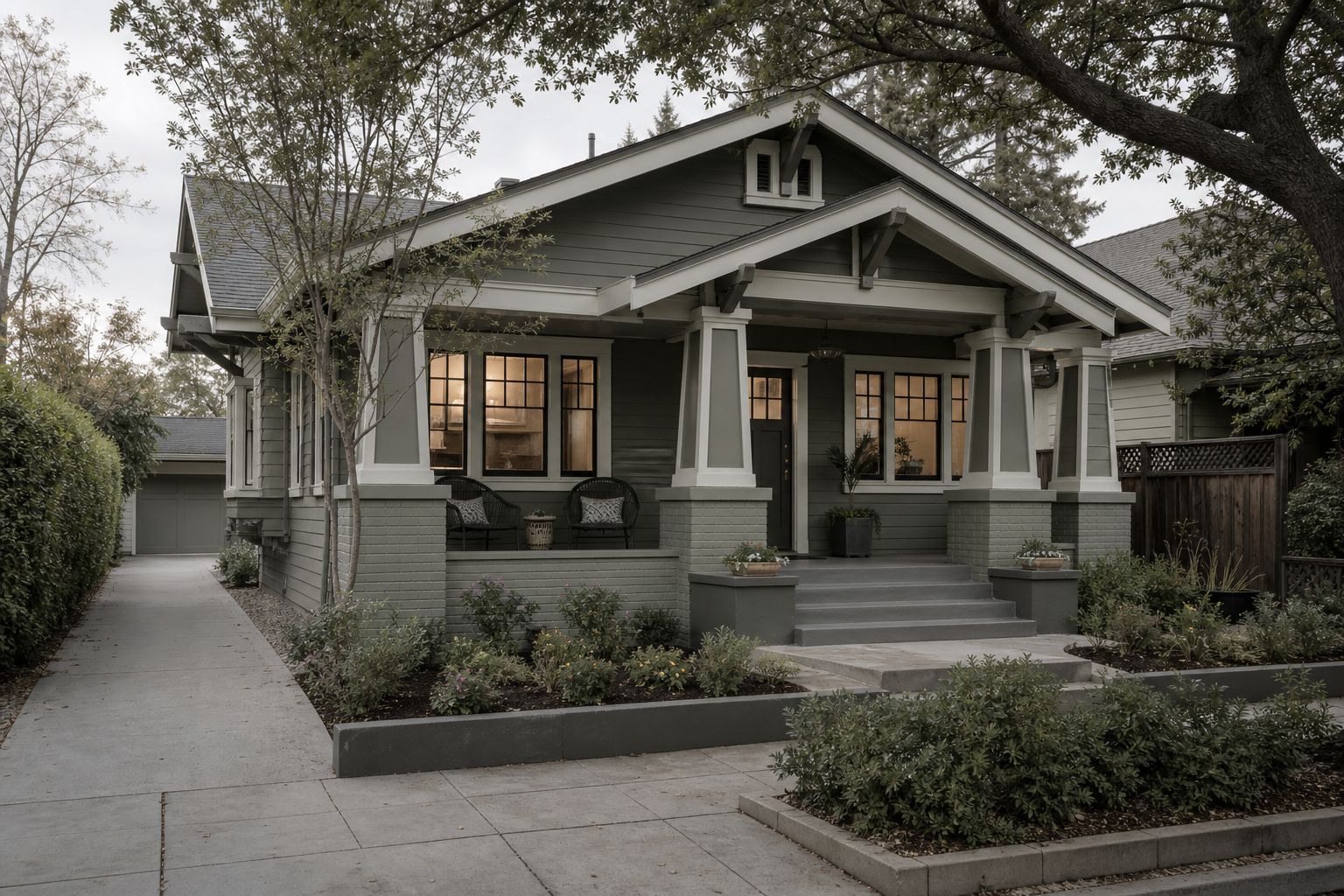 Concept image of a craftsman bungalow on a tree-lined San Jose street